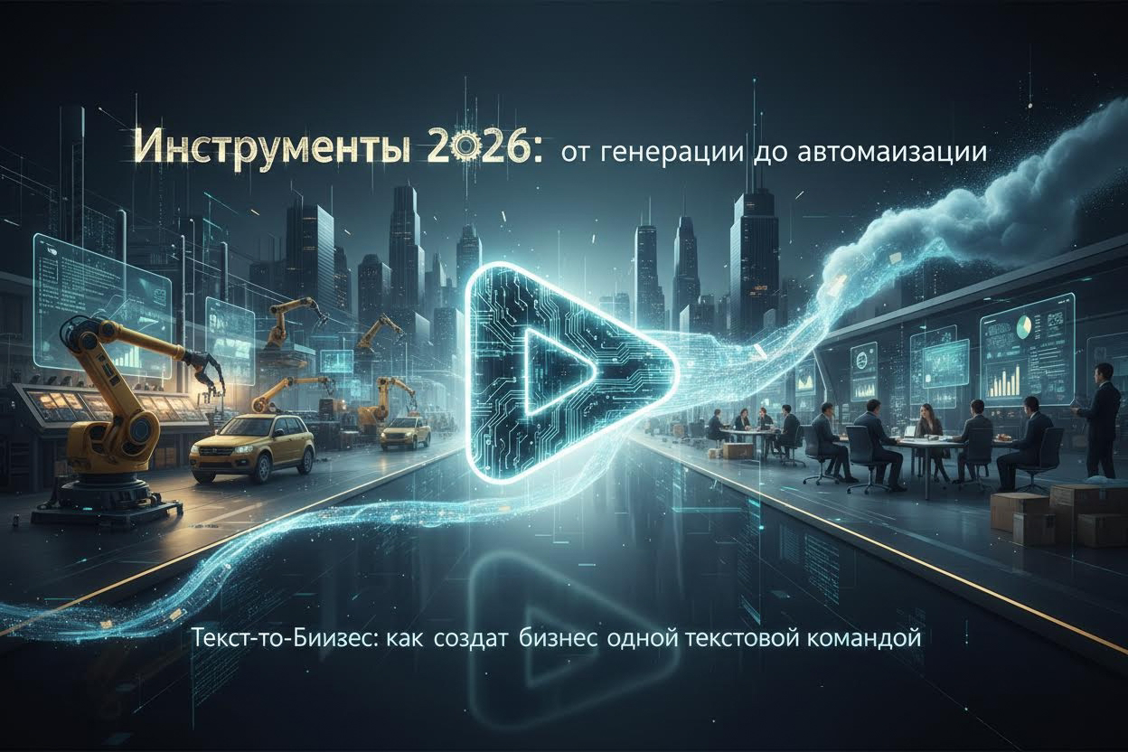 Editorial section illustration for "Инструменты 2026: от генерации до автоматизации" in context of "Text-to-Business: как создать бизнес одной текстовой командой". Subject-focused composition, realistic business environment, crisp details, natural contrast, no text, no watermark, no logo, no empty background, 16:9.