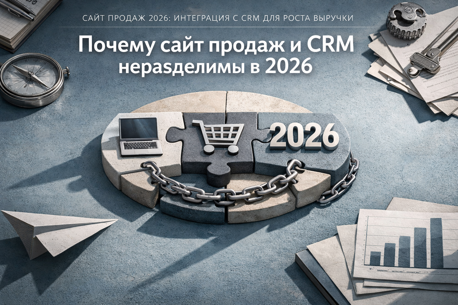 Top-down strategy table scene with symbolic objects, long directional shadows, and deliberate negative space. Article title: "Сайт продаж 2026: интеграция с CRM для роста выручки". Section focus: "Почему сайт продаж и CRM неразделимы в 2026". Concrete concept to visualize: Почему, сайт, продаж, неразделимы, 2026. Invent a specific metaphor tied to this section only; do not fall back to generic AI brains, neon circuits, or random dashboards. Color direction: fog blue, desaturated teal, silver accents, pale stone. Camera: wide-angle but controlled perspective, crisp focal anchor, premium magazine framing. Use tactile materials, layered objects, visual hierarchy, and premium editorial polish like a cover story interior spread. No people, no faces, no hands, no readable UI text, no logos, no watermark, no empty dark voids. 16:9 landscape.