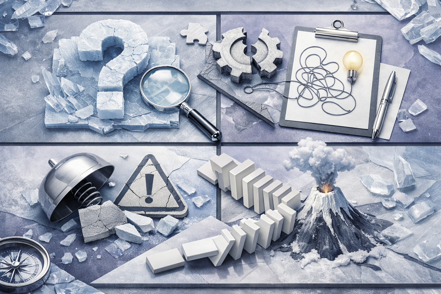 High-end desktop composition combining instruments, screens, and physical artifacts without readable interface text. Article title: "OpenAL32.dll отсутствует: верните звук и запуск игры за 5 шагов". Section focus: "Что означает ошибка и почему возникает". Concrete concept to visualize: означает, ошибка, почему, возникает. Invent a specific metaphor tied to this section only; do not fall back to generic AI brains, neon circuits, or random dashboards. Color direction: ice blue, violet gray, polished chrome, cloud white. Camera: top-down flat lay with structured geometry and intentional rhythm between objects. Use tactile materials, layered objects, visual hierarchy, and premium editorial polish like a cover story interior spread. No people, no faces, no hands, no readable UI text, no logos, no watermark, no empty dark voids. 16:9 landscape.