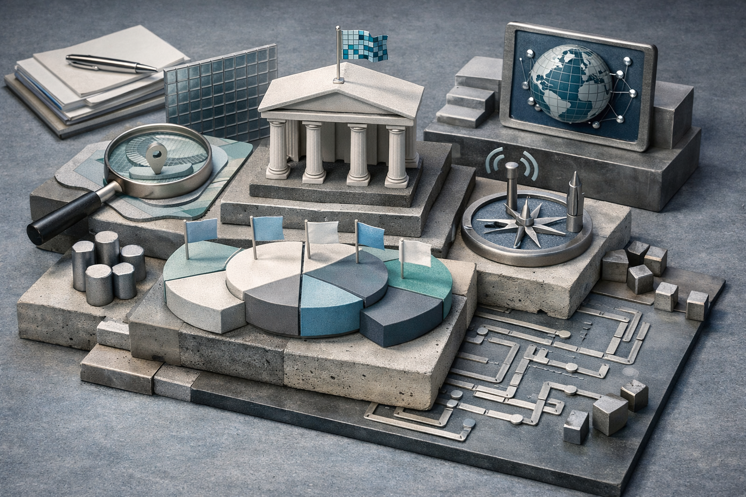 Miniature diorama built from real business objects, tactile textures, warm controlled light, and handcrafted realism. Article title: "Котлер: основы маркетинга для роста заявок и трафика в 2026". Section focus: "Фундамент Котлера: сегментация и позиционирование в цифровую эпоху". Concrete concept to visualize: Фундамент, Котлера, сегментация, позиционирование, цифровую. Invent a specific metaphor tied to this section only; do not fall back to generic AI brains, neon circuits, or random dashboards. Color direction: cool slate, pearl white, muted cyan, brushed steel. Camera: top-down flat lay with structured geometry and intentional rhythm between objects. Use tactile materials, layered objects, visual hierarchy, and premium editorial polish like a cover story interior spread. No people, no faces, no hands, no readable UI text, no logos, no watermark, no empty dark voids. 16:9 landscape.