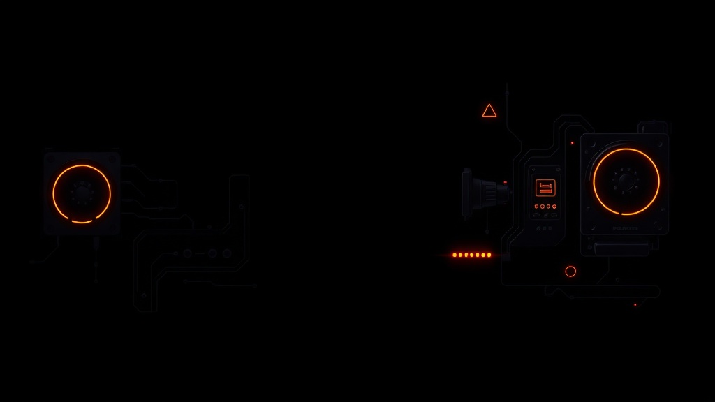 Технические инструменты мониторинга: от логов до алертов, minimalist dark background, tech aesthetic, glowing elements, professional, no text, 16:9.