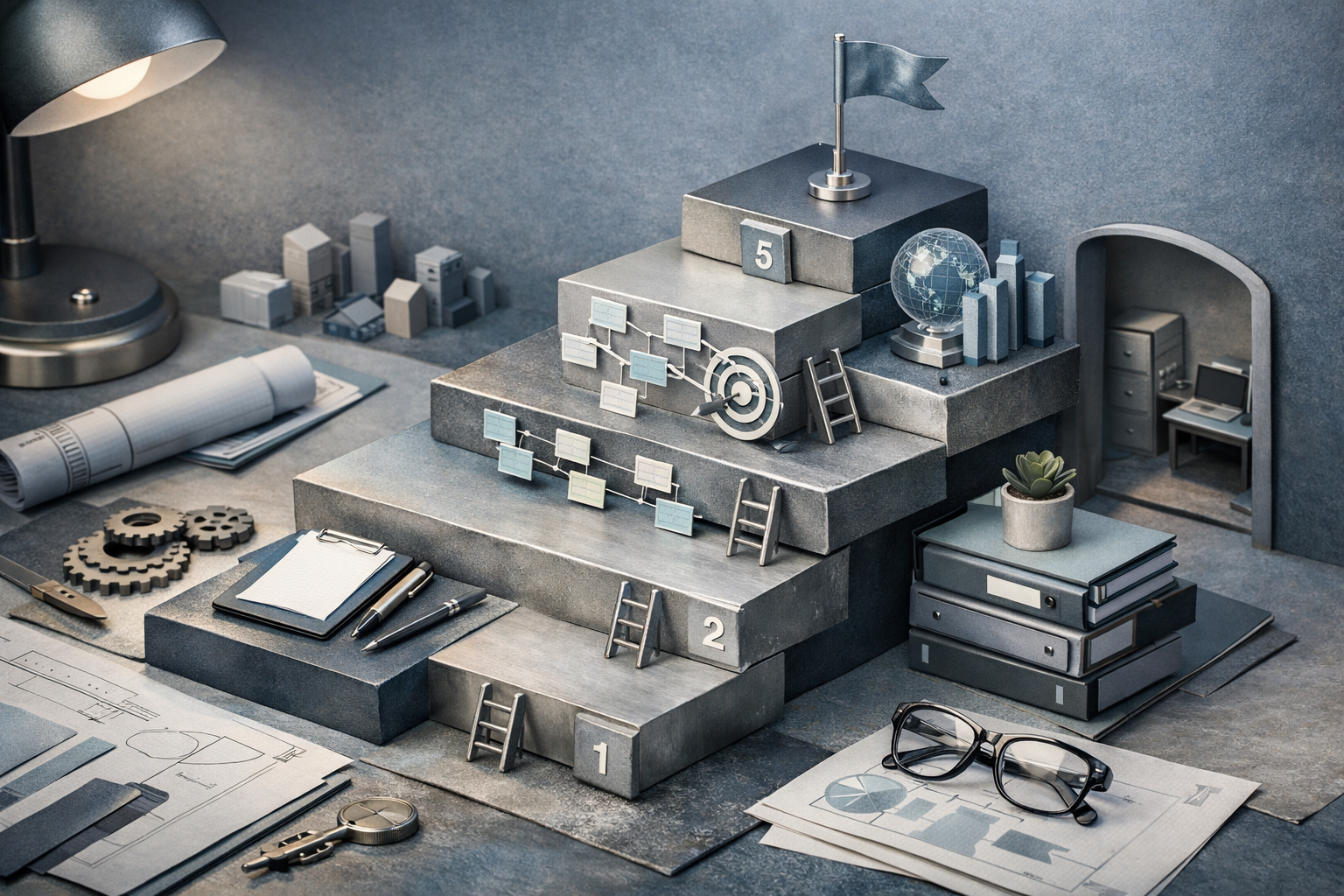 Miniature diorama built from real business objects, tactile textures, warm controlled light, and handcrafted realism. Article title: "Отдел продаж 2026: Как использовать CRM и ИИ для роста выручки". Section focus: "1. Стратегический фреймворк: 5 этапов трансформации отдела продаж". Concrete concept to visualize: Стратегический, фреймворк, этапов, трансформации, отдела. Invent a specific metaphor tied to this section only; do not fall back to generic AI brains, neon circuits, or random dashboards. Color direction: cool slate, pearl white, muted cyan, brushed steel. Camera: elevated 35mm view with strong leading lines and clear foreground-midground-background separation. Use tactile materials, layered objects, visual hierarchy, and premium editorial polish like a cover story interior spread. No people, no faces, no hands, no readable UI text, no logos, no watermark, no empty dark voids. 16:9 landscape.