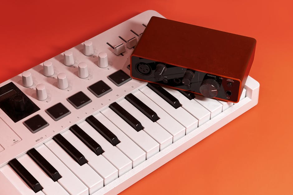 White MIDI keyboard paired with a red audio interface on a vibrant orange background.