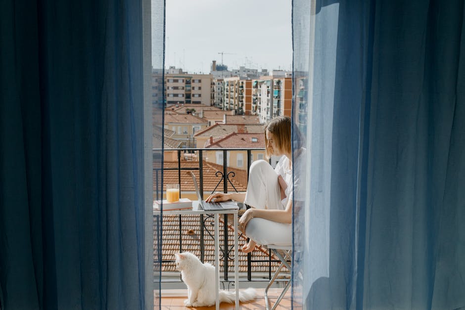 Young woman using a laptop on a sunny balcony with a white cat, urban cityscape view.