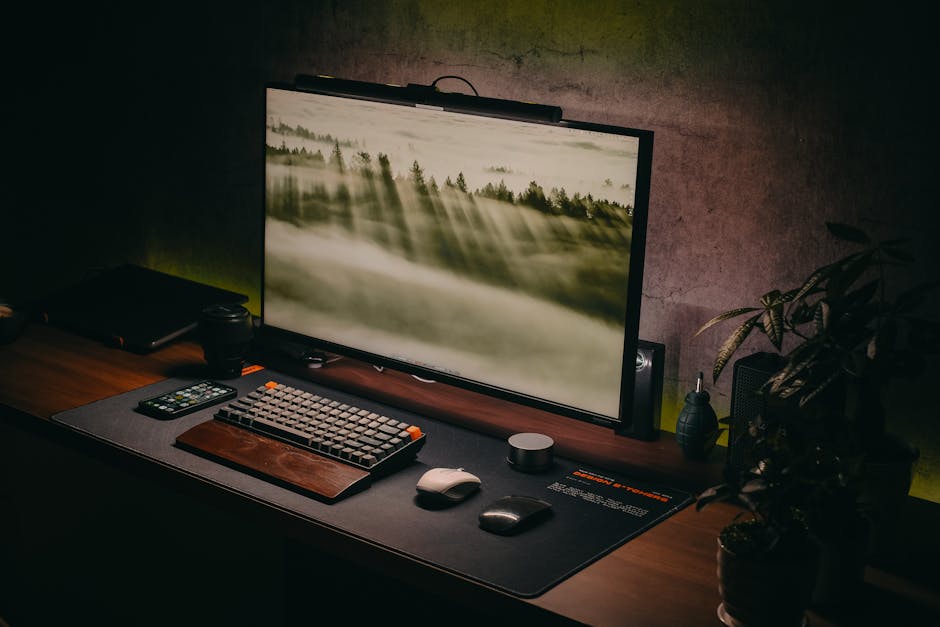 A modern and stylish computer setup with a keyboard, monitor and accessories on a wooden desk in a cozy home office.