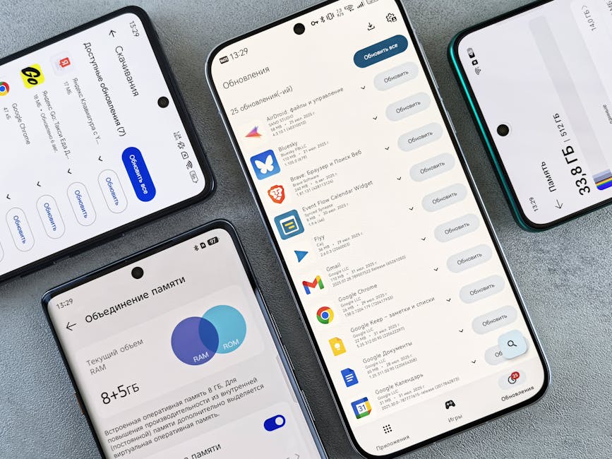 Top view of various smartphones showcasing app update screens indoors.