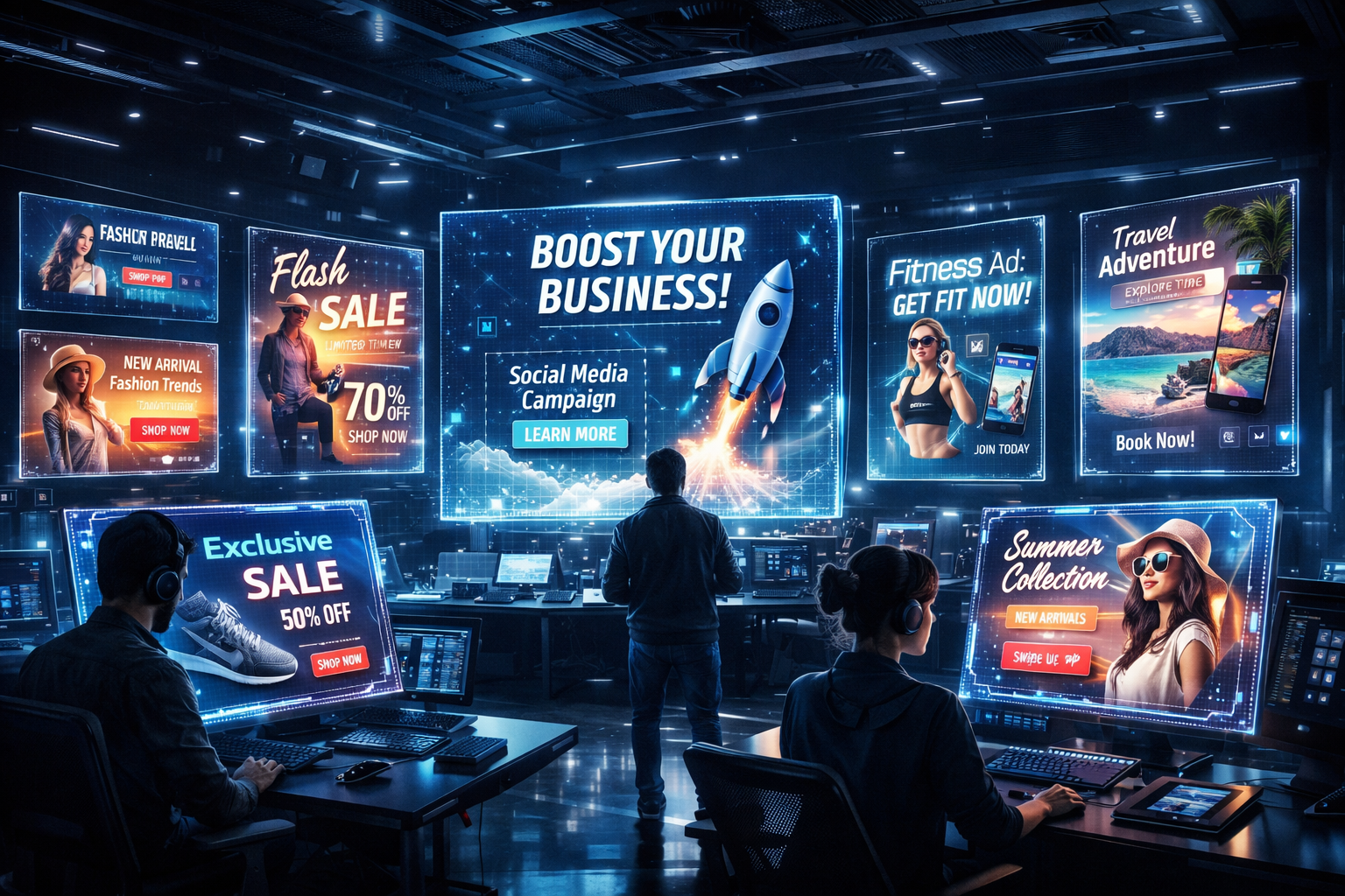 Editorial section illustration for "Креативы в эпоху генеративного ИИ" in context of "AI для маркетинга: креативы, офферы, аналитика". Subject-focused composition, realistic business environment, crisp details, natural contrast, no text, no watermark, no logo, no empty background, 16:9.