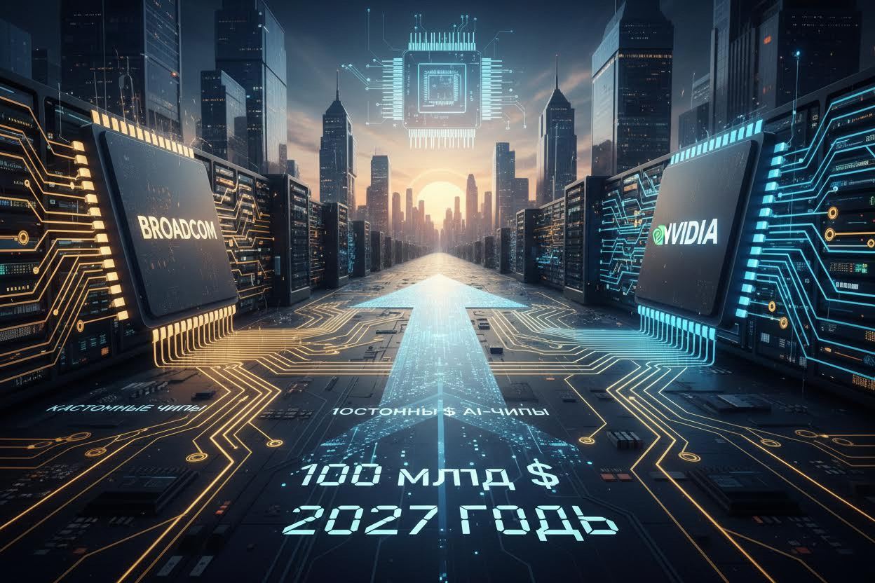 Editorial section illustration for "Стратегия Broadcom: кастомные чипы против Nvidia" in context of "Broadcom прогнозирует $100 млрд на AI-чипах к 2027 году". Subject-focused composition, realistic business environment, crisp details, natural contrast, no text, no watermark, no logo, no empty background, 16:9.