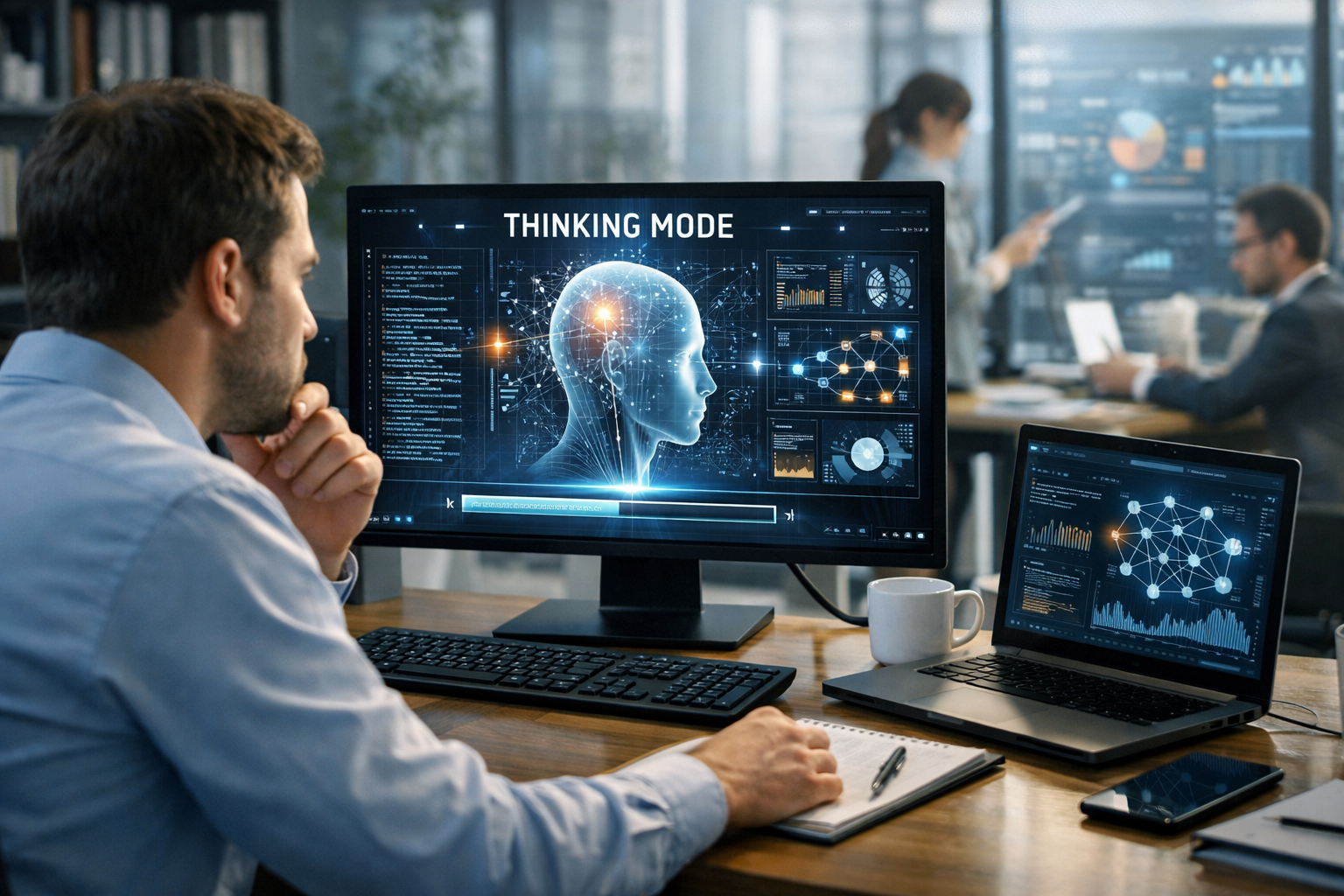 Editorial section illustration for "Режим Thinking: Думай глубже, отвечай точнее" in context of "GPT-5.4: Революция в профессиональном ИИ. Обзор нововведений". Subject-focused composition, realistic business environment, crisp details, natural contrast, no text, no watermark, no logo, no empty background, 16:9.