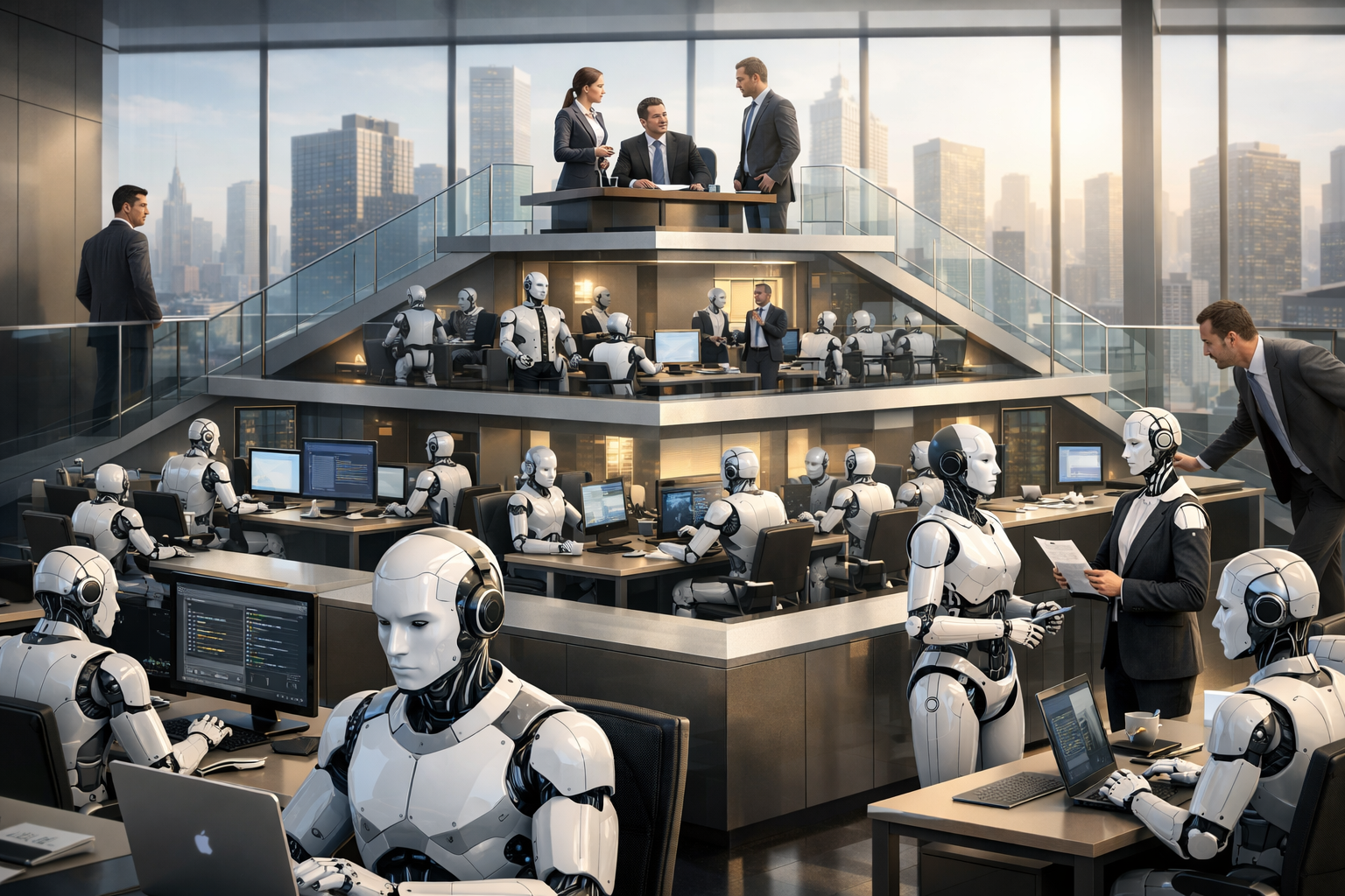 Editorial section illustration for "Архитектура Ajen: Симуляция корпоративной иерархии" in context of "Ajen: ИИ-сотрудники строят ваш стартап. Новый тренд от Show HN". Subject-focused composition, realistic business environment, crisp details, natural contrast, no text, no watermark, no logo, no empty background, 16:9.