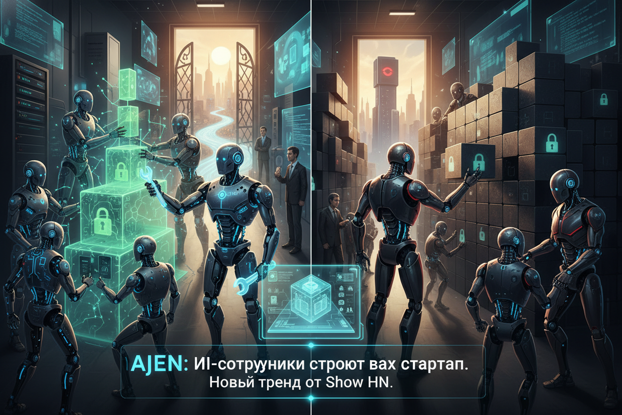 Editorial section illustration for "Open Source vs. Проприетарные решения" in context of "Ajen: ИИ-сотрудники строят ваш стартап. Новый тренд от Show HN". Subject-focused composition, realistic business environment, crisp details, natural contrast, no text, no watermark, no logo, no empty background, 16:9.