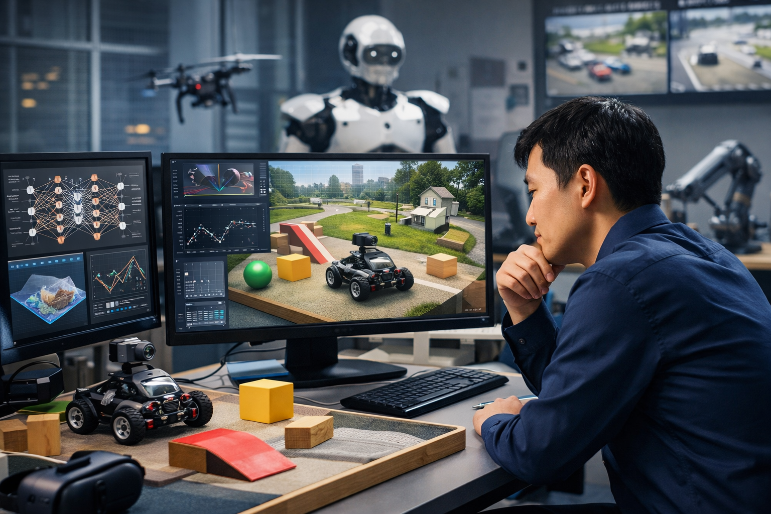 Editorial section illustration for "Что такое мировые модели (world models)?" in context of "Лекун собрал $1 млрд на AI, понимающий физический мир". Subject-focused composition, realistic business environment, crisp details, natural contrast, no text, no watermark, no logo, no empty background, 16:9.