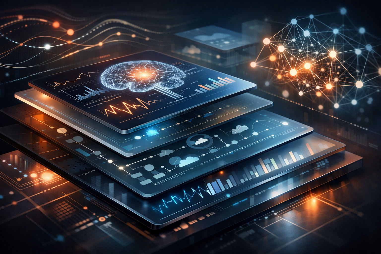 A diverse group of professionals collaborating during an office meeting, using laptops and notebooks.