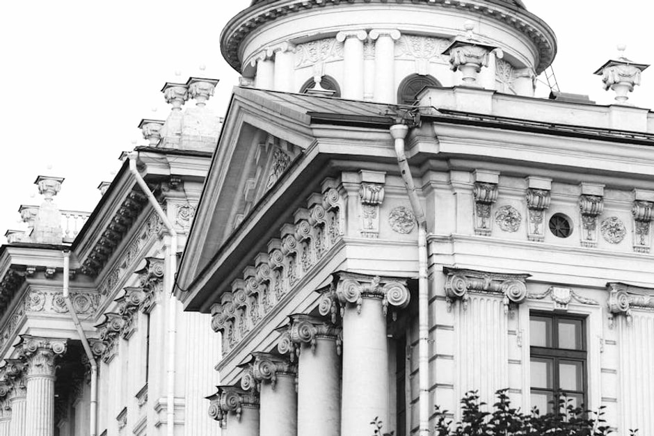 Elegant baroque architecture of the Pashkov House in Moscow, beautifully captured in black and white.