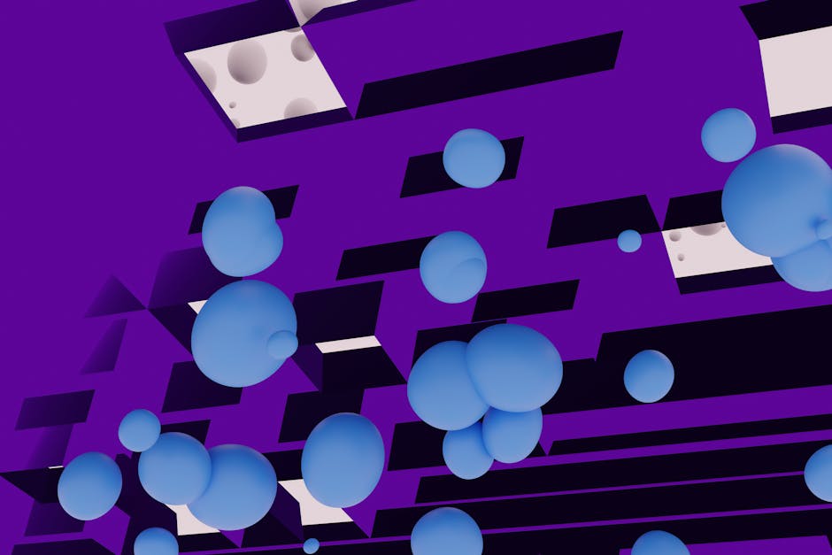 Dynamic abstract design with blue spheres floating on a geometric purple background.