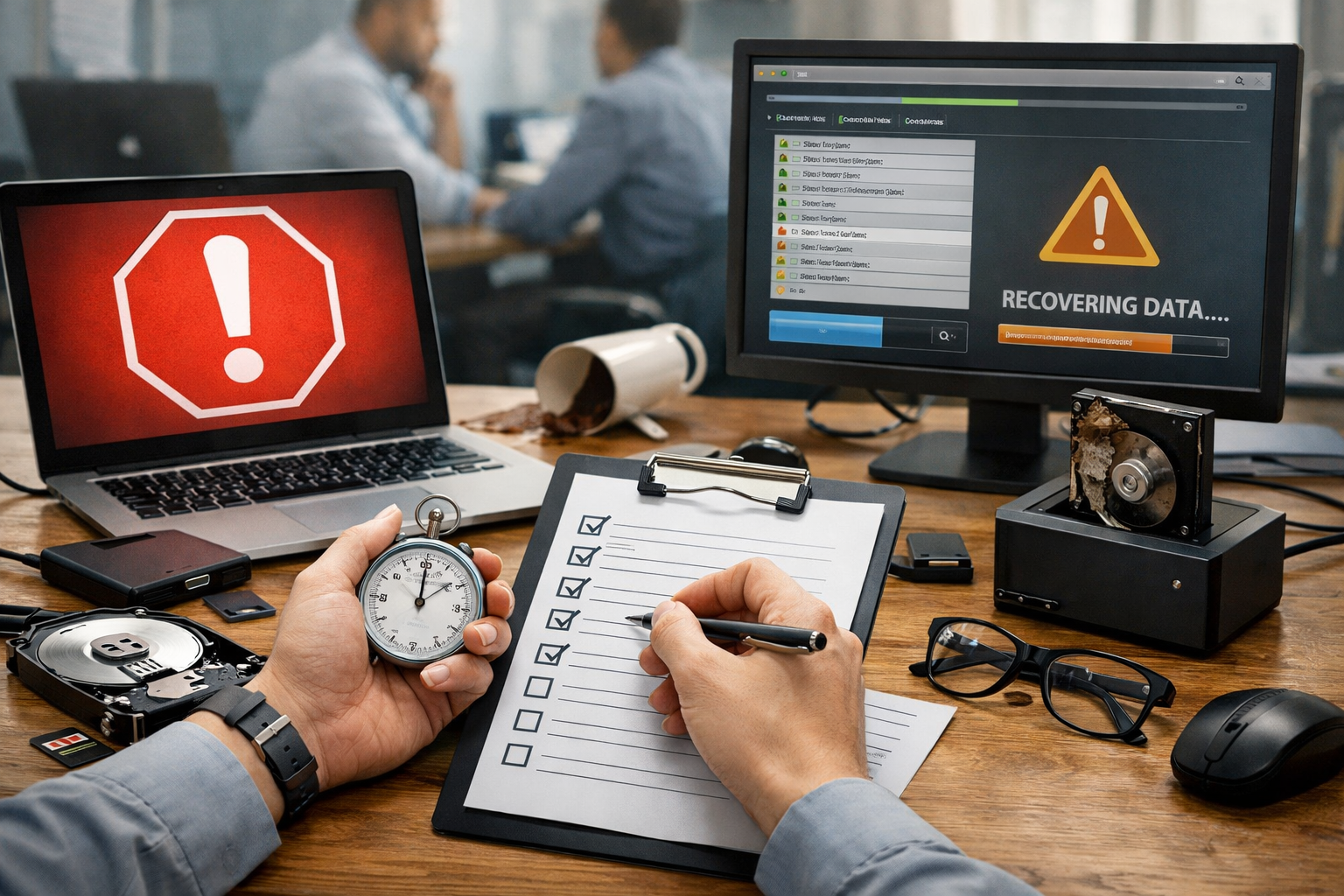 Editorial section illustration for "Первый час: режим «стоп» и чек-лист действий" in context of "Recuva и альтернативы: как выбрать data recovery software, когда данные уже под угрозой". Subject-focused composition, realistic business environment, crisp details, natural contrast, no text, no watermark, no logo, no empty background, 16:9.