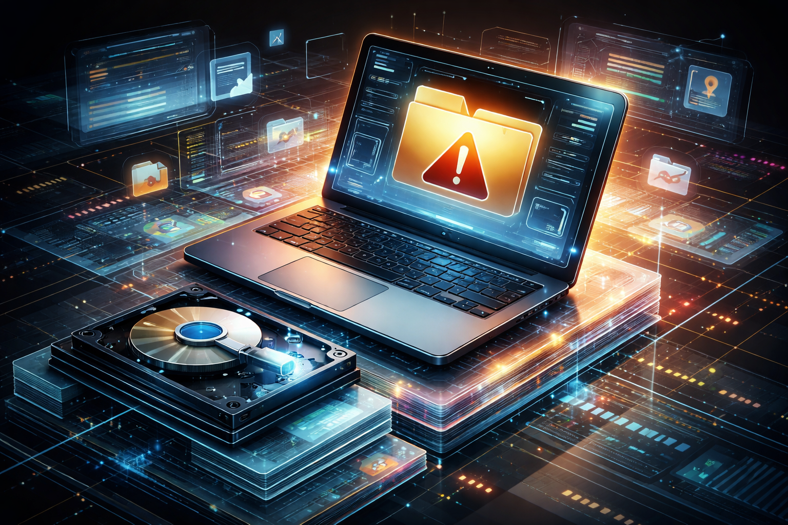 A diverse business team collaborates on projects in a modern office setting, using technology and notes.