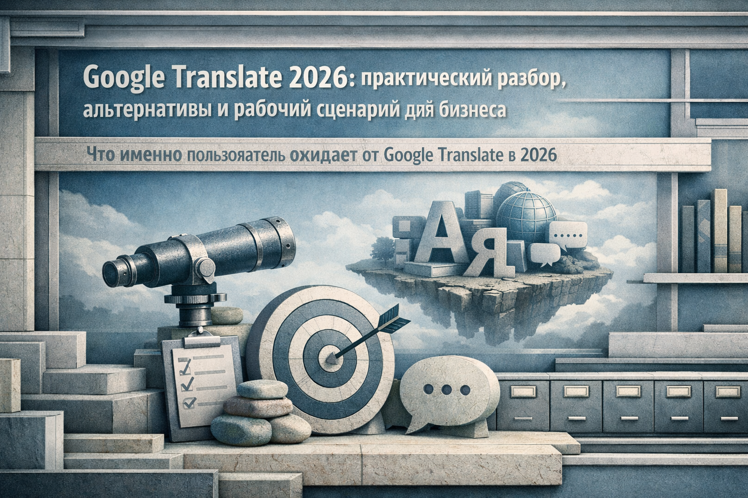 Architectural elevation scene with layered frames, structural rhythm, and editorial poster discipline. Article title: "Google Translate 2026: практический разбор, альтернативы и рабочий сценарий для бизнеса". Section focus: "Что именно пользователь ожидает от Google Translate в 2026". Concrete concept to visualize: именно, пользователь, ожидает, Google, Translate. Invent a specific metaphor tied to this section only; do not fall back to generic AI brains, neon circuits, or random dashboards. Color direction: fog blue, desaturated teal, silver accents, pale stone. Camera: wide-angle but controlled perspective, crisp focal anchor, premium magazine framing. Use tactile materials, layered objects, visual hierarchy, and premium editorial polish like a cover story interior spread. No people, no faces, no hands, no readable UI text, no logos, no watermark, no empty dark voids. 16:9 landscape.