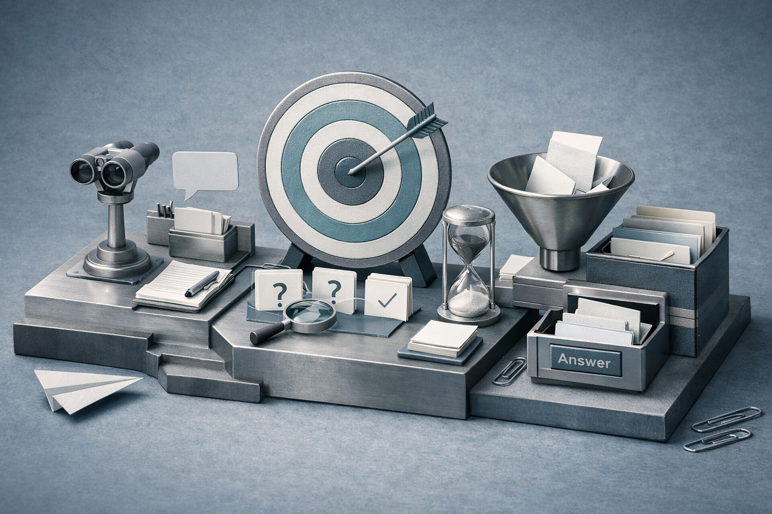 Miniature diorama built from real business objects, tactile textures, warm controlled light, and handcrafted realism. Article title: "GPT в 2026: практический разбор, альтернативы и рабочий сценарий для бизнеса". Section focus: "Что именно пользователь ожидает по запросу GPT". Concrete concept to visualize: именно, пользователь, ожидает, запросу. Invent a specific metaphor tied to this section only; do not fall back to generic AI brains, neon circuits, or random dashboards. Color direction: cool slate, pearl white, muted cyan, brushed steel. Camera: wide-angle but controlled perspective, crisp focal anchor, premium magazine framing. Use tactile materials, layered objects, visual hierarchy, and premium editorial polish like a cover story interior spread. No people, no faces, no hands, no readable UI text, no logos, no watermark, no empty dark voids. 16:9 landscape.