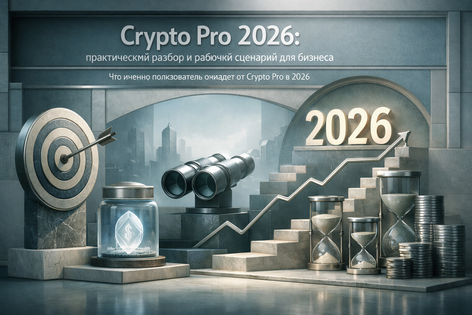 Architectural elevation scene with layered frames, structural rhythm, and editorial poster discipline. Article title: "Crypto Pro 2026: практический разбор и рабочий сценарий для бизнеса". Section focus: "Что именно пользователь ожидает от Crypto Pro в 2026". Concrete concept to visualize: именно, пользователь, ожидает, Crypto, 2026. Invent a specific metaphor tied to this section only; do not fall back to generic AI brains, neon circuits, or random dashboards. Color direction: fog blue, desaturated teal, silver accents, pale stone. Camera: side-on studio composition with dramatic rim light and subtle volumetric atmosphere. Use tactile materials, layered objects, visual hierarchy, and premium editorial polish like a cover story interior spread. No people, no faces, no hands, no readable UI text, no logos, no watermark, no empty dark voids. 16:9 landscape.