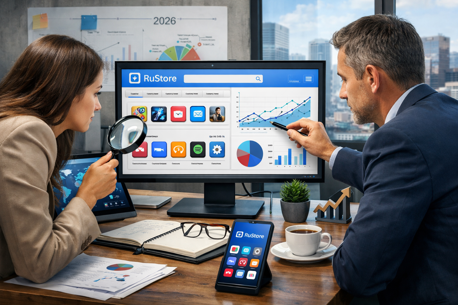 Editorial section illustration for "Что именно пользователь ищет по запросу RuStore" in context of "RuStore: стратегический гид по внедрению и росту в 2026". Subject-focused composition, realistic business environment, crisp details, natural contrast, no text, no watermark, no logo, no empty background, 16:9.