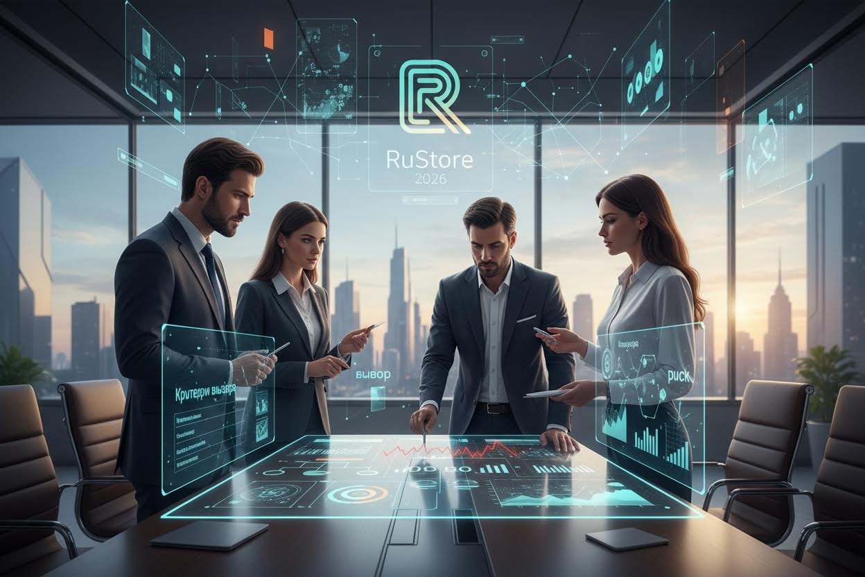 Editorial section illustration for "Критерии выбора и сигналы риска" in context of "RuStore: стратегический гид по внедрению и росту в 2026". Subject-focused composition, realistic business environment, crisp details, natural contrast, no text, no watermark, no logo, no empty background, 16:9.