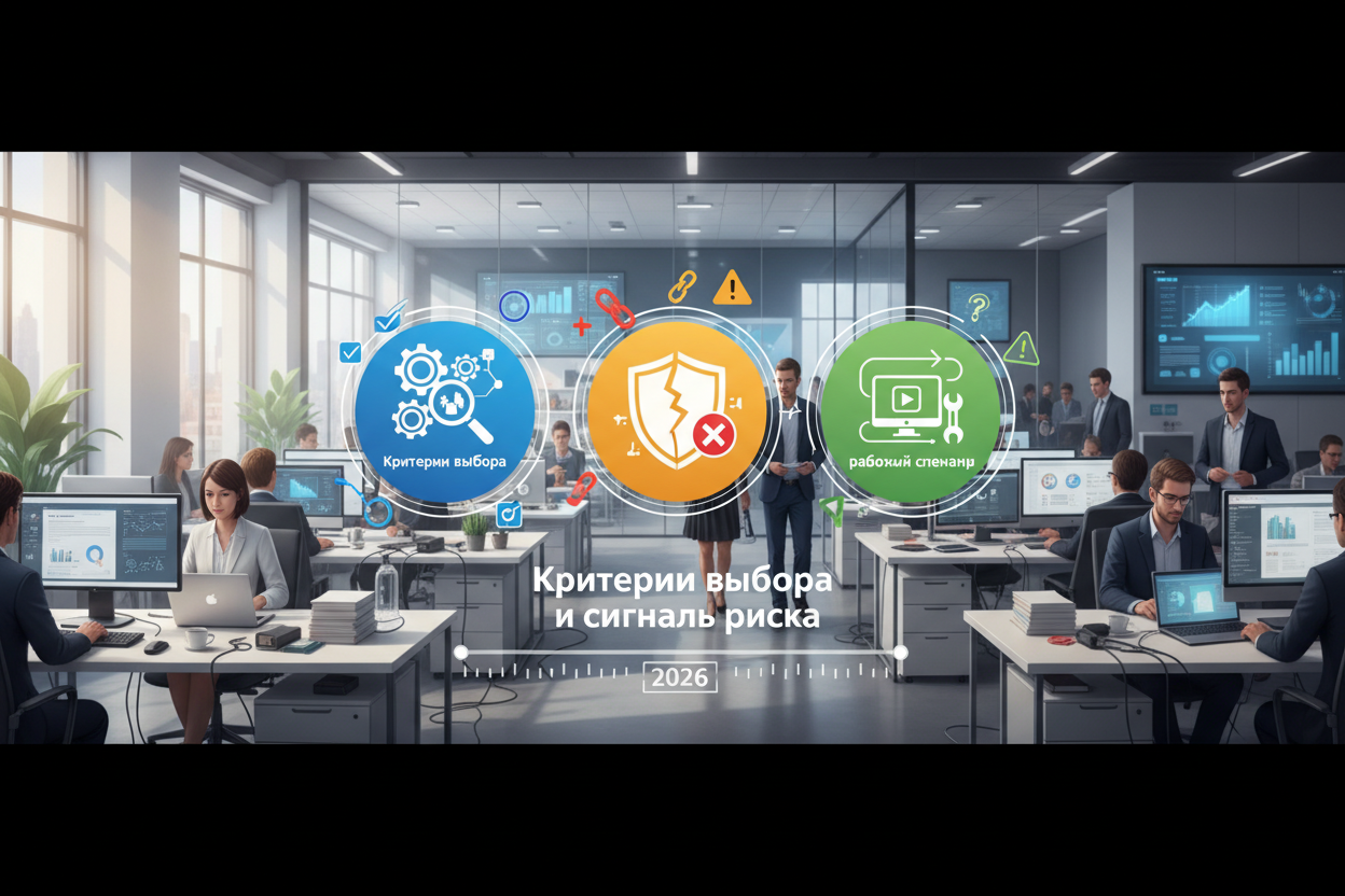 Editorial section illustration for "Критерии выбора и сигналы риска" in context of "Snappy Driver в 2026: практический разбор, альтернативы и рабочий сценарий". Subject-focused composition, realistic business environment, crisp details, natural contrast, no text, no watermark, no logo, no empty background, 16:9.