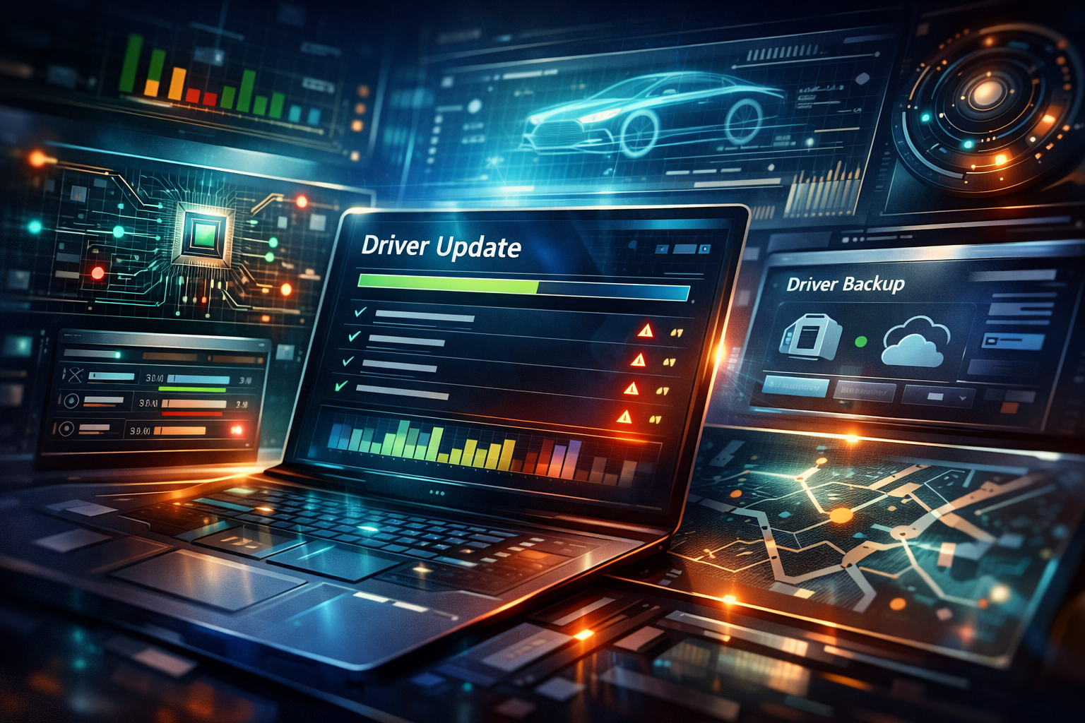 A diverse business team collaborates on projects in a modern office setting, using technology and notes.