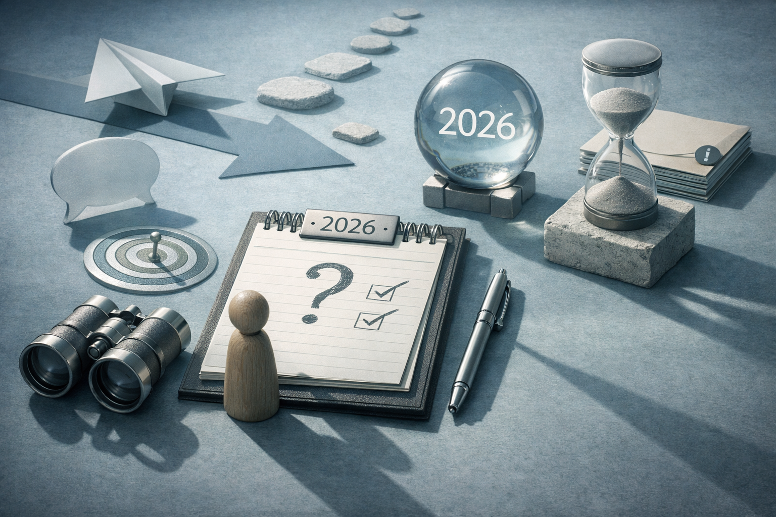 Top-down strategy table scene with symbolic objects, long directional shadows, and deliberate negative space. Article title: "Notepad 2026: практический разбор для бизнеса и альтернативы". Section focus: "Что именно пользователь ожидает от Notepad в 2026". Concrete concept to visualize: именно, пользователь, ожидает, Notepad, 2026. Invent a specific metaphor tied to this section only; do not fall back to generic AI brains, neon circuits, or random dashboards. Color direction: fog blue, desaturated teal, silver accents, pale stone. Camera: elevated 35mm view with strong leading lines and clear foreground-midground-background separation. Use tactile materials, layered objects, visual hierarchy, and premium editorial polish like a cover story interior spread. No people, no faces, no hands, no readable UI text, no logos, no watermark, no empty dark voids. 16:9 landscape.