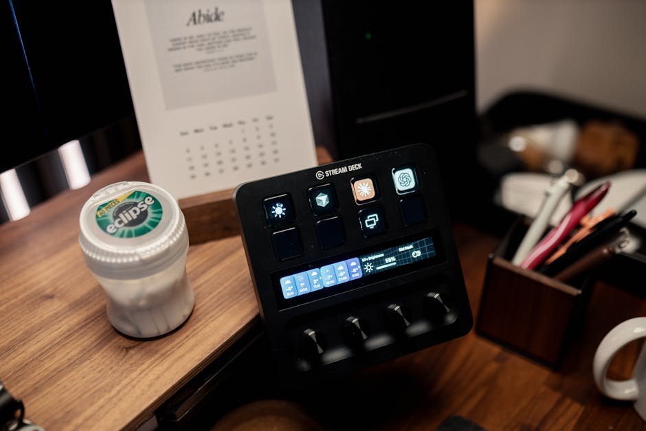 A modern office desk setup featuring a Stream Deck, wooden organizer, and calendar, ideal for productivity.