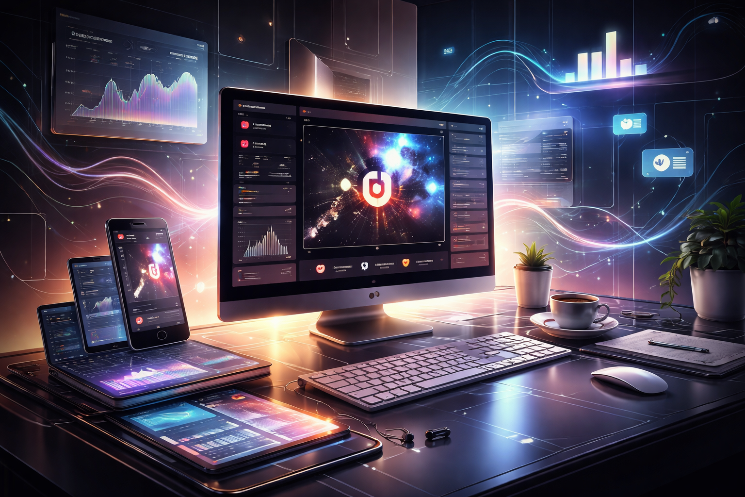 A diverse business team collaborates on projects in a modern office setting, using technology and notes.