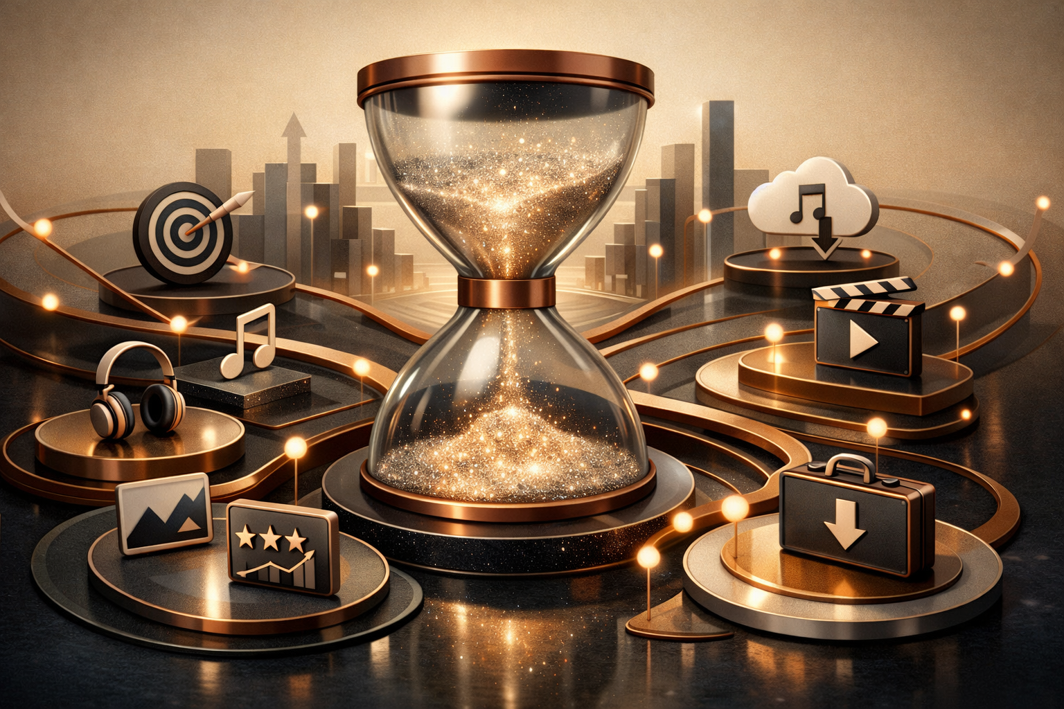 Signal-map composition where pathways, anchors, and control points form a high-end systems metaphor. Article title: "iTunes в 2026: практический разбор, альтернативы и рабочий сценарий для бизнеса". Section focus: "Что именно пользователь ожидает от iTunes в 2026 году". Concrete concept to visualize: именно, пользователь, ожидает, iTunes, 2026. Invent a specific metaphor tied to this section only; do not fall back to generic AI brains, neon circuits, or random dashboards. Color direction: warm ivory, copper, deep navy, smoked glass. Camera: wide-angle but controlled perspective, crisp focal anchor, premium magazine framing. Use tactile materials, layered objects, visual hierarchy, and premium editorial polish like a cover story interior spread. No people, no faces, no hands, no readable UI text, no logos, no watermark, no empty dark voids. 16:9 landscape.