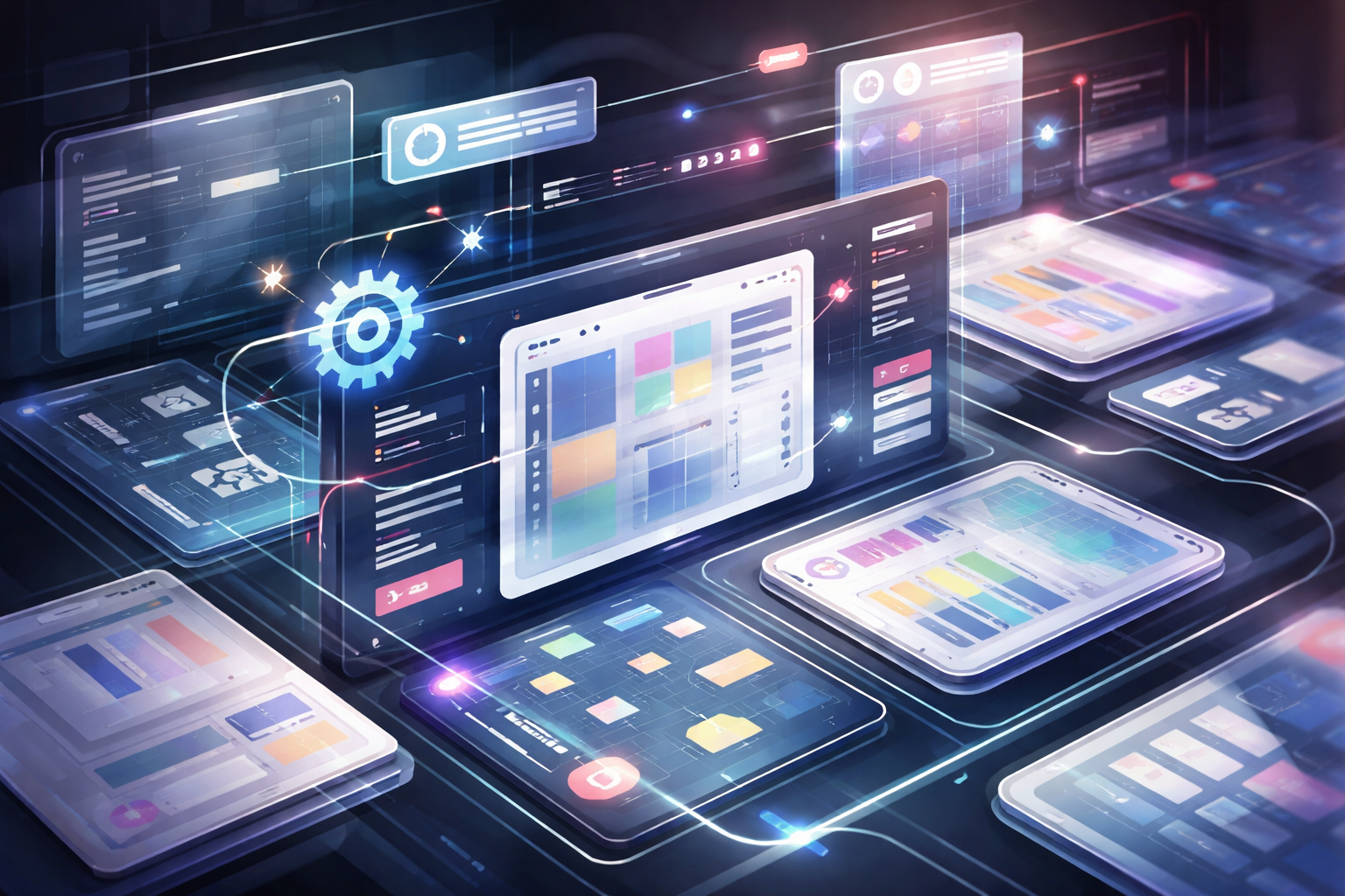 A group of diverse professionals collaborating in a modern office setting with laptops and technology.