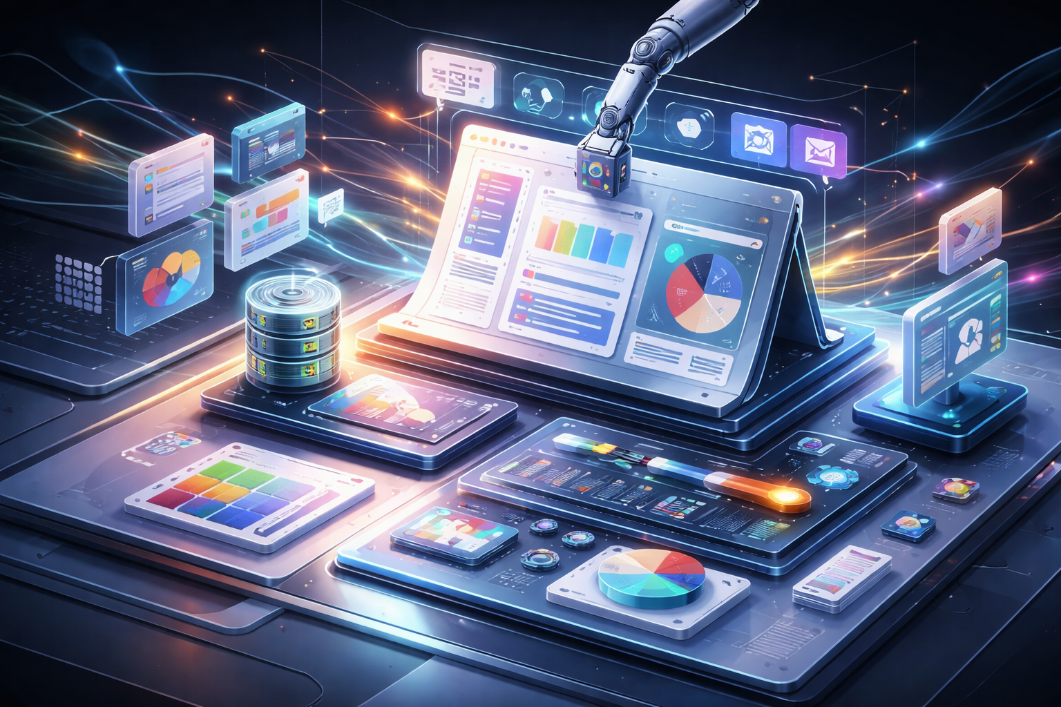 A diverse group of professionals collaborating during an office meeting, using laptops and notebooks.