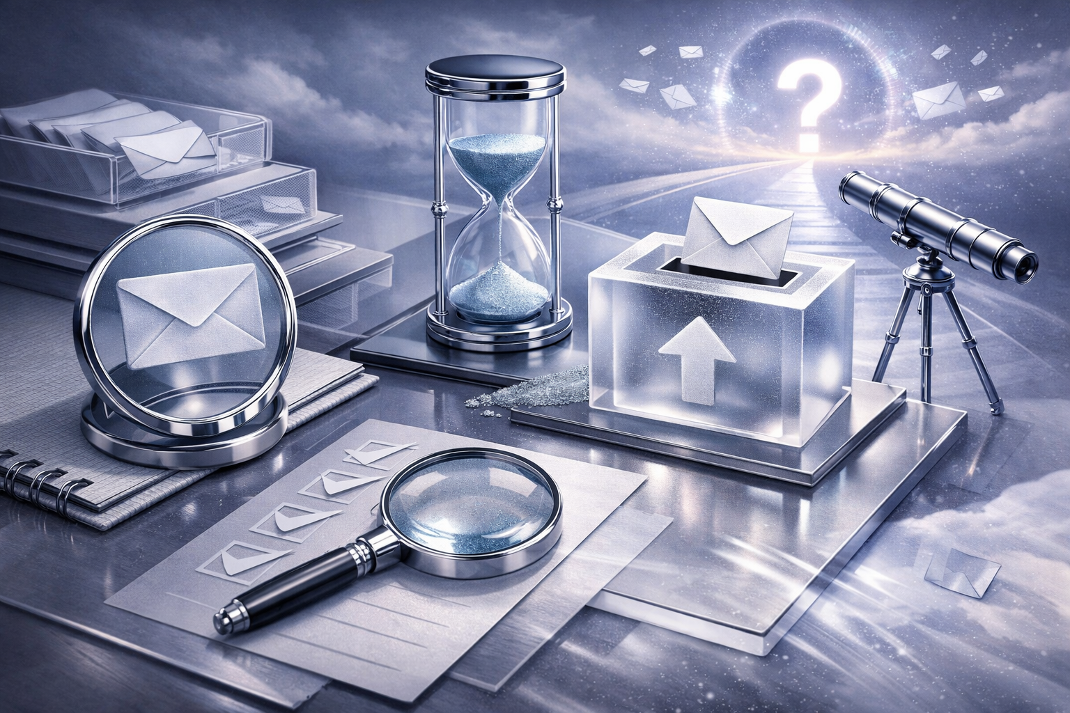 Transformation timeline scene with staged objects, motion residue, and cinematic before/after contrast. Article title: "DaVinci Resolve 2026: рабочий стек для бизнеса, сравнение и план внедрения". Section focus: "Что именно пользователь ожидает по этому запросу". Concrete concept to visualize: именно, пользователь, ожидает, этому, запросу. Invent a specific metaphor tied to this section only; do not fall back to generic AI brains, neon circuits, or random dashboards. Color direction: ice blue, violet gray, polished chrome, cloud white. Camera: elevated 35mm view with strong leading lines and clear foreground-midground-background separation. Use tactile materials, layered objects, visual hierarchy, and premium editorial polish like a cover story interior spread. No people, no faces, no hands, no readable UI text, no logos, no watermark, no empty dark voids. 16:9 landscape.