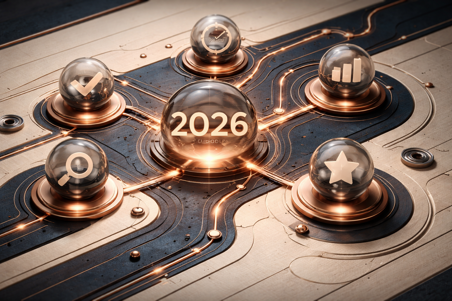 Signal-map composition where pathways, anchors, and control points form a high-end systems metaphor. Article title: "OBS Studio 2026: рабочий стек для бизнеса и команды". Section focus: "Что именно пользователь ожидает от OBS Studio в 2026". Concrete concept to visualize: именно, пользователь, ожидает, Studio, 2026. Invent a specific metaphor tied to this section only; do not fall back to generic AI brains, neon circuits, or random dashboards. Color direction: warm ivory, copper, deep navy, smoked glass. Camera: close-up 50mm product editorial shot, shallow depth but readable scene hierarchy. Use tactile materials, layered objects, visual hierarchy, and premium editorial polish like a cover story interior spread. No people, no faces, no hands, no readable UI text, no logos, no watermark, no empty dark voids. 16:9 landscape.