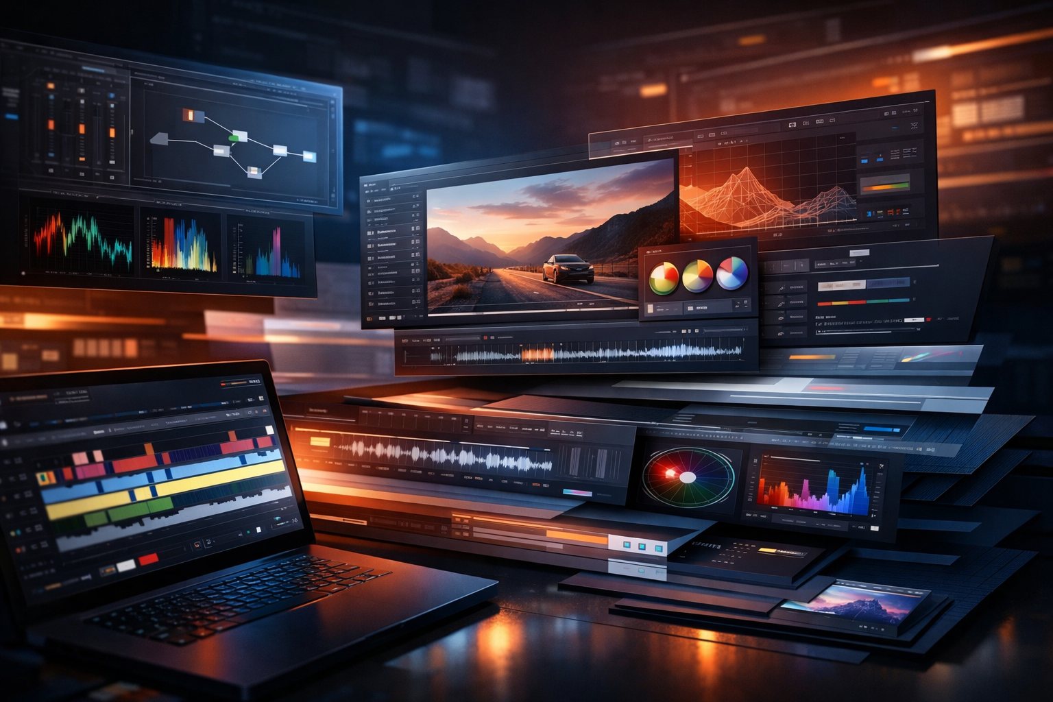 Multimedia setup featuring a laptop and a large monitor in a tech-savvy workspace.