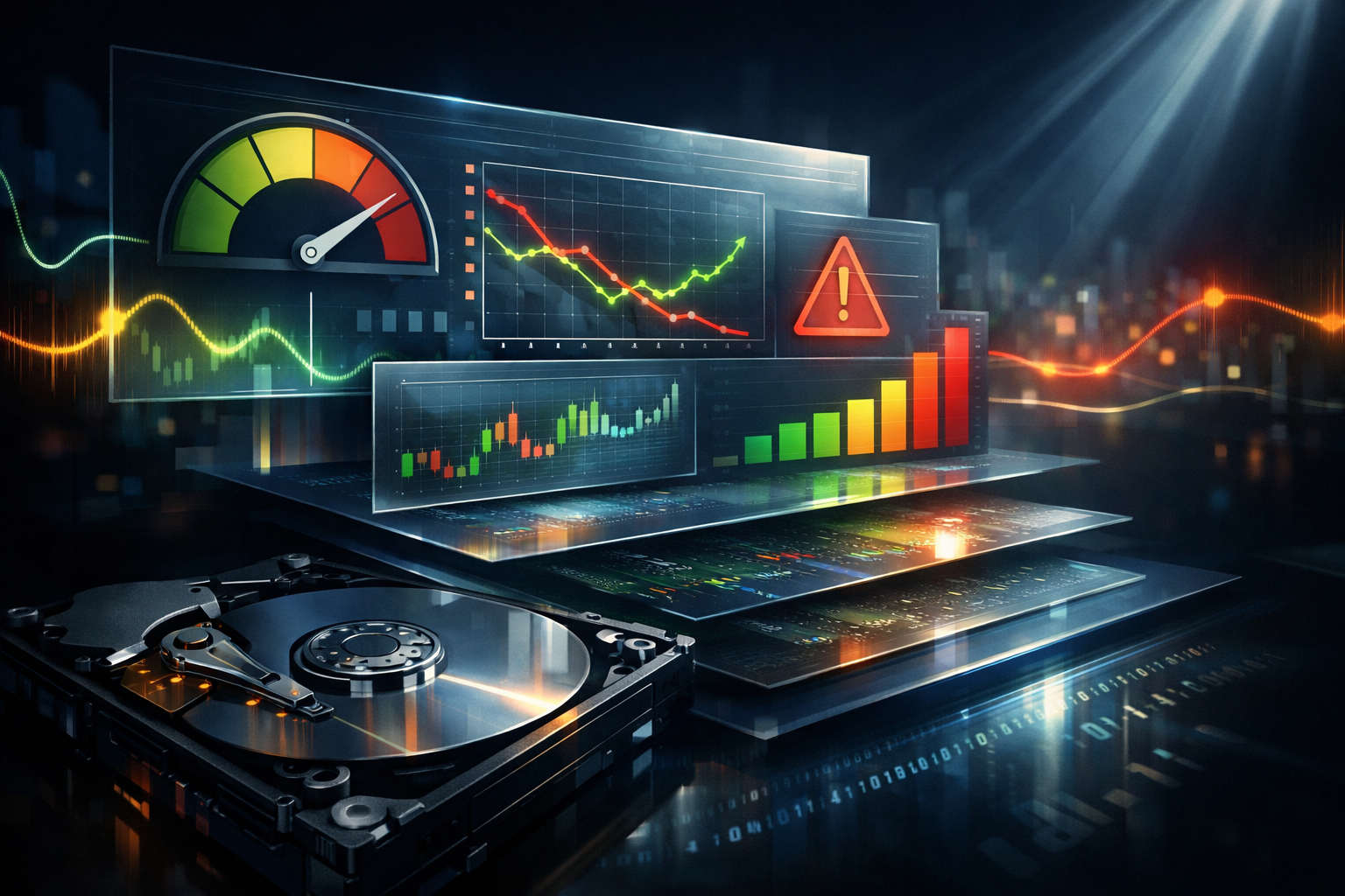 Premium editorial section illustration 1 for "Зачем бизнесу мониторинг накопителей: от S.M.A.R.T. до стратегии безопасности" in context of "Hard Disk Sentinel в 2026: разбор, альтернативы и защита данных". Distinct visual angle, no people, no faces, layered product surfaces, abstract signals, cinematic light, crisp contrast, subject-focused, no text, no watermark, no logo, 16:9.