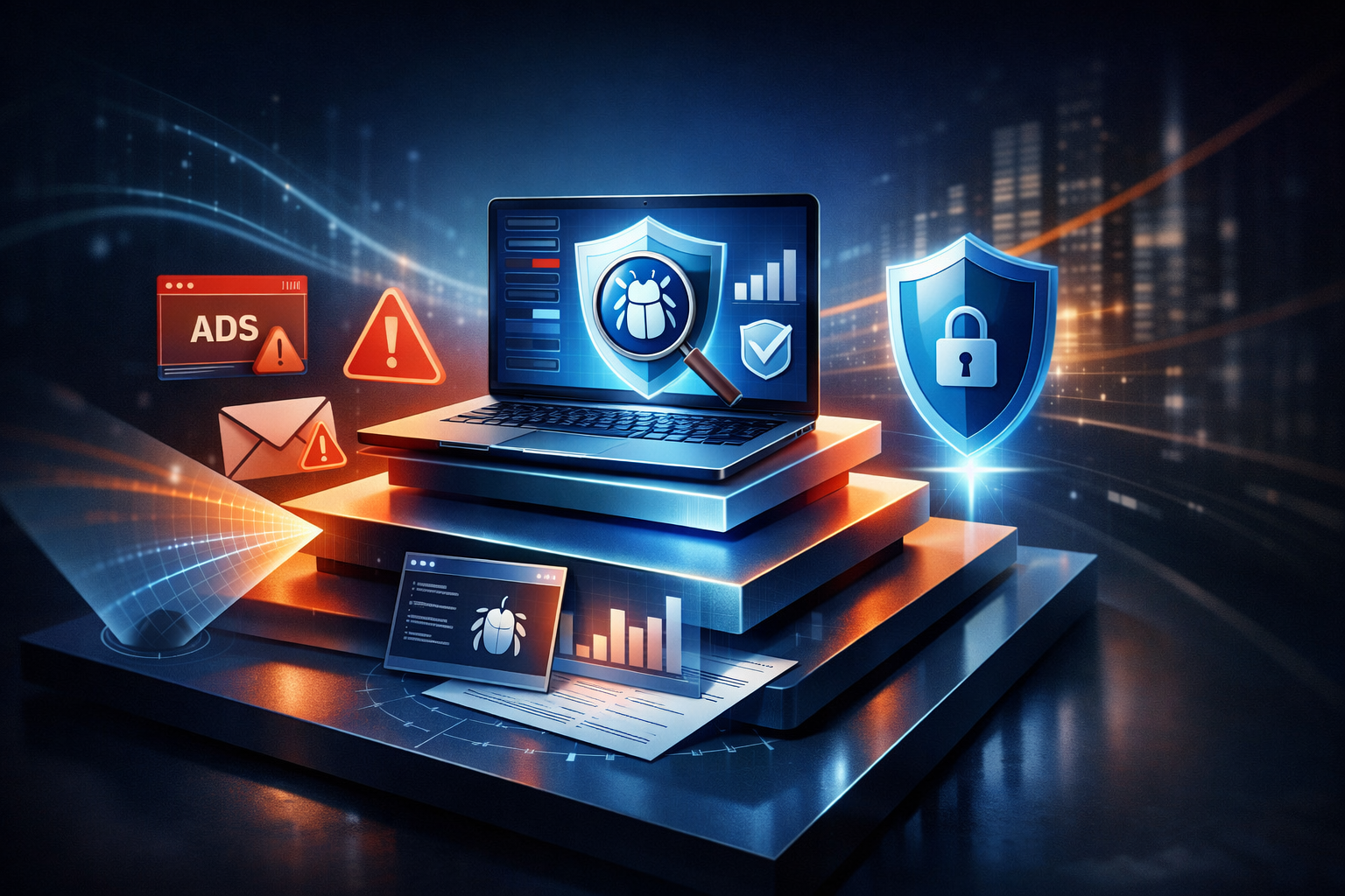 Premium editorial section illustration 1 for "Что именно пользователь ожидает по запросу AdwCleaner" in context of "AdwCleaner 2026: практический разбор, альтернативы и рабочий сценарий для бизнеса". Distinct visual angle, no people, no faces, layered product surfaces, abstract signals, cinematic light, crisp contrast, subject-focused, no text, no watermark, no logo, 16:9.