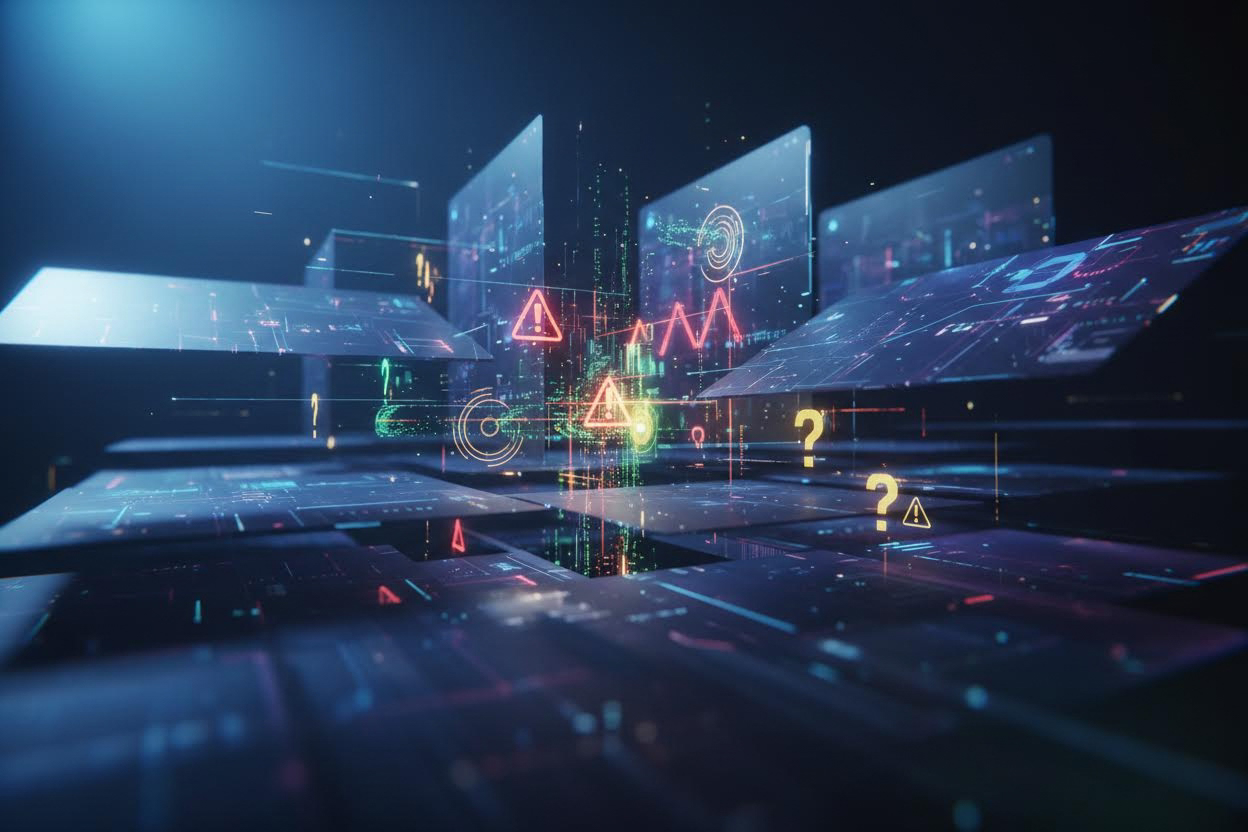 Premium editorial section illustration 2 for "Критерии выбора и сигналы риска" in context of "AdwCleaner 2026: практический разбор, альтернативы и рабочий сценарий для бизнеса". Distinct visual angle, no people, no faces, layered product surfaces, abstract signals, cinematic light, crisp contrast, subject-focused, no text, no watermark, no logo, 16:9.