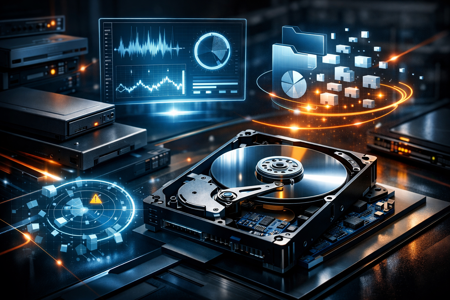 Premium editorial section illustration 1 for "Что именно пользователь ожидает: разбор интента и мифов" in context of "HDD Low Level Format Tool: стратегия выживания данных и бизнес-риски". Distinct visual angle, no people, no faces, layered product surfaces, abstract signals, cinematic light, crisp contrast, subject-focused, no text, no watermark, no logo, 16:9.