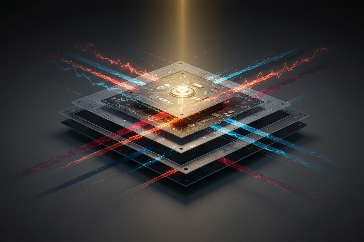 Premium editorial section illustration 2 for "Критерии выбора инструмента: безопасность vs. восстановимость" in context of "HDD Low Level Format Tool: стратегия выживания данных и бизнес-риски". Distinct visual angle, no people, no faces, layered product surfaces, abstract signals, cinematic light, crisp contrast, subject-focused, no text, no watermark, no logo, 16:9.