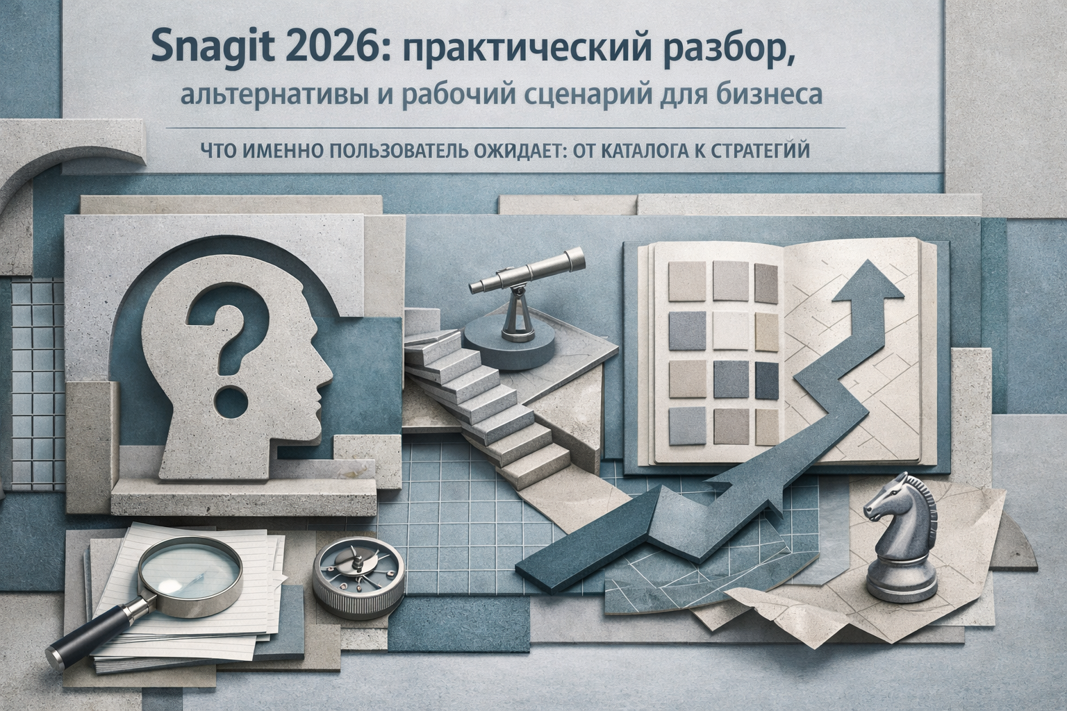 Architectural elevation scene with layered frames, structural rhythm, and editorial poster discipline. Article title: "Snagit 2026: практический разбор, альтернативы и рабочий сценарий для бизнеса". Section focus: "Что именно пользователь ожидает: от каталога к стратегии". Concrete concept to visualize: именно, пользователь, ожидает, каталога, стратегии. Invent a specific metaphor tied to this section only; do not fall back to generic AI brains, neon circuits, or random dashboards. Color direction: fog blue, desaturated teal, silver accents, pale stone. Camera: top-down flat lay with structured geometry and intentional rhythm between objects. Use tactile materials, layered objects, visual hierarchy, and premium editorial polish like a cover story interior spread. No people, no faces, no hands, no readable UI text, no logos, no watermark, no empty dark voids. 16:9 landscape.