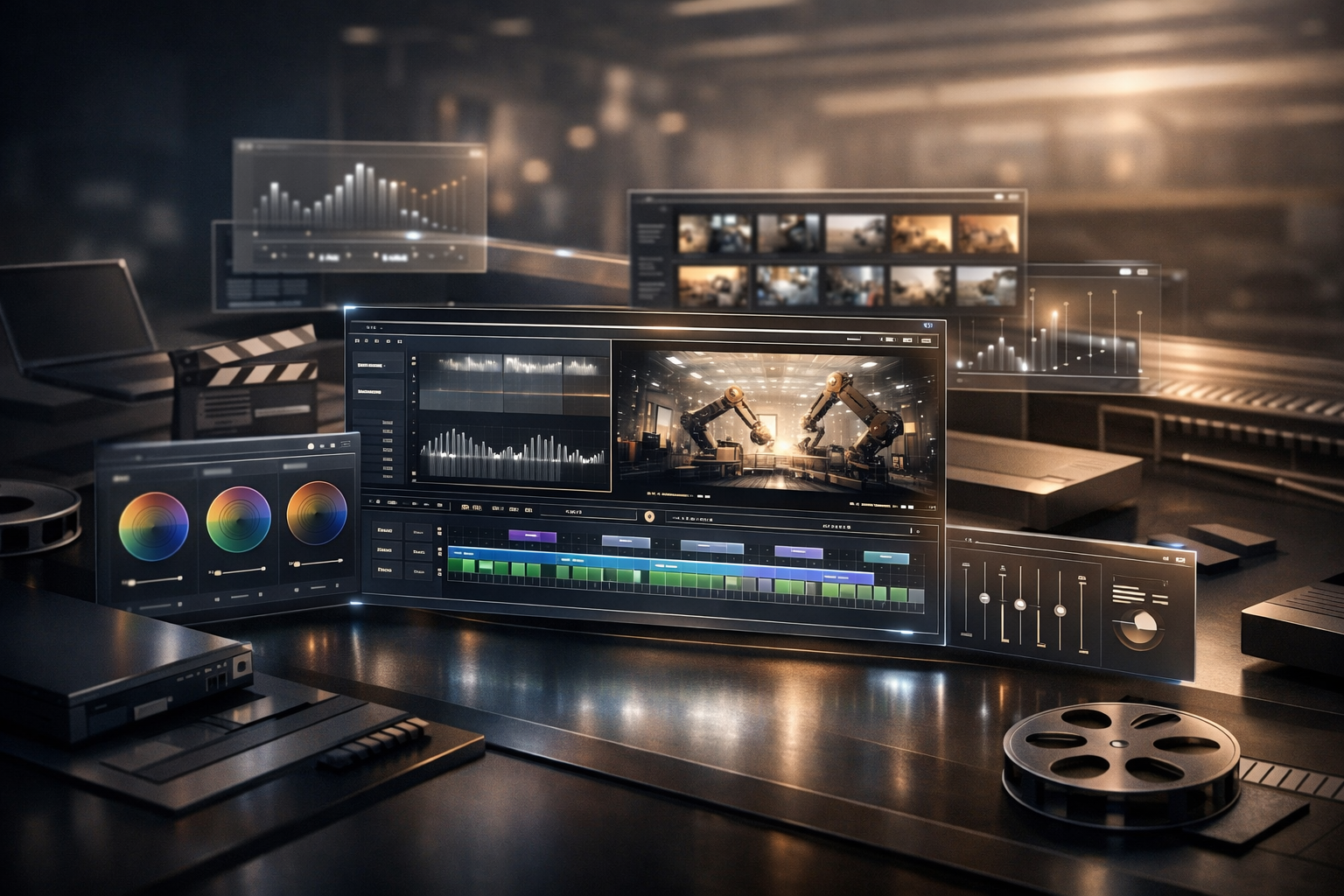 Ключевая иллюстрация: Производственный конвейер: как выбрать видеоредактор для команды и масштаба