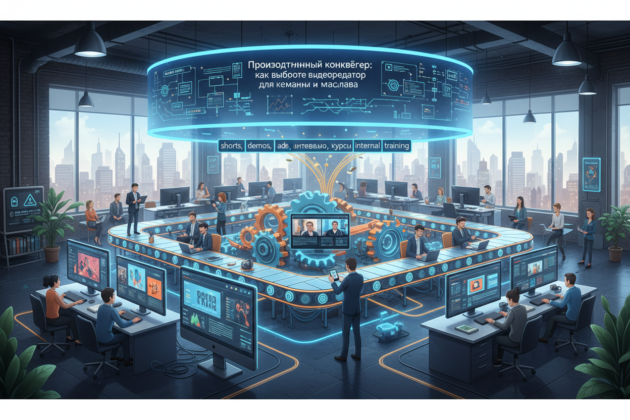 Editorial section illustration for "Сценарии: shorts, demos, ads, интервью, курсы, internal training" in context of "Производственный конвейер: как выбрать видеоредактор для команды и масштаба". Subject-focused composition, realistic business environment, crisp details, natural contrast, no text, no watermark, no logo, no empty background, 16:9.